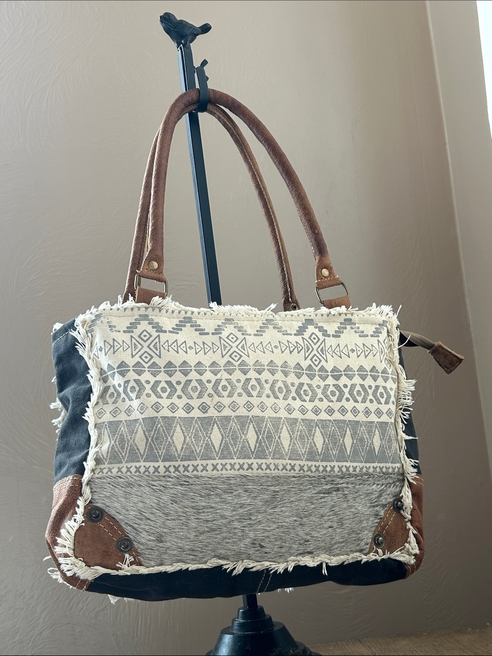 Myra Bag Hairon Bottom Strap/Tote Canvas Bag. Featuring a Gray Geometric Print.